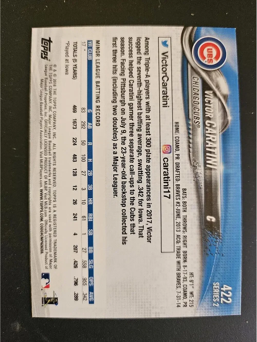 2018 Topps High Glossy insert, Chicago Cubs - VICTOR CARATINI (RC) - Puerto Rico - Picture 2 of 2
